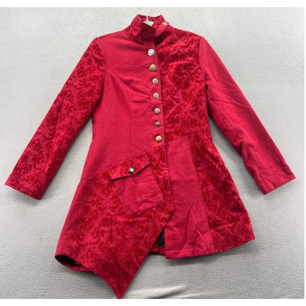 Venus Jacket Womens 6 Red Damask Velvet Flocked Asymmetrical Victorian Steampunk